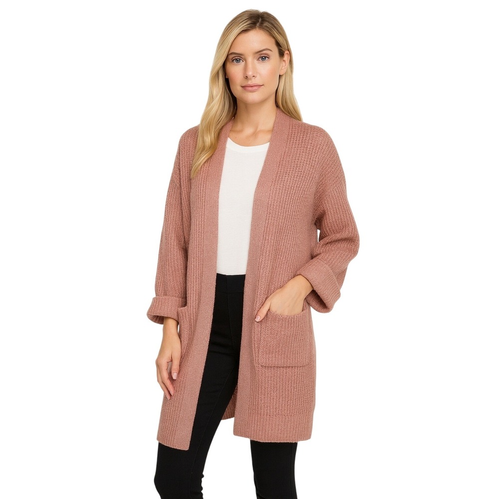 A Peach Oversized Ribbed Knit Long Cardigan Dusty Rose‎ Size M/L NEW
